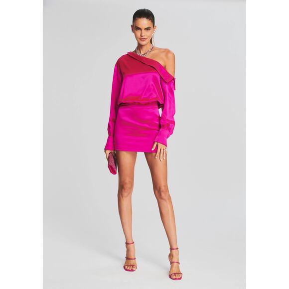 Retrofete Elio Mini Dress Satin Off Shoulder Long Sleeve Party Evening Pink XXS - Picture 2 of 13